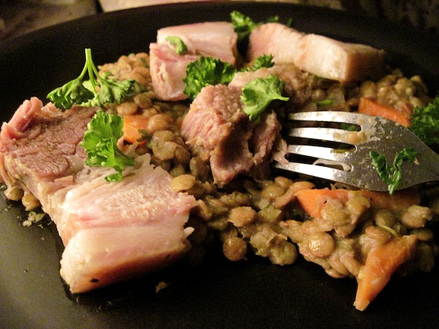 Boiled pork belly with lentils (Eat Me. Drink Me.)