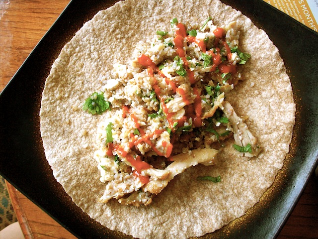 Bulgur and chicken wrap with cilantro and sriracha (Eat Me. Drink Me.)