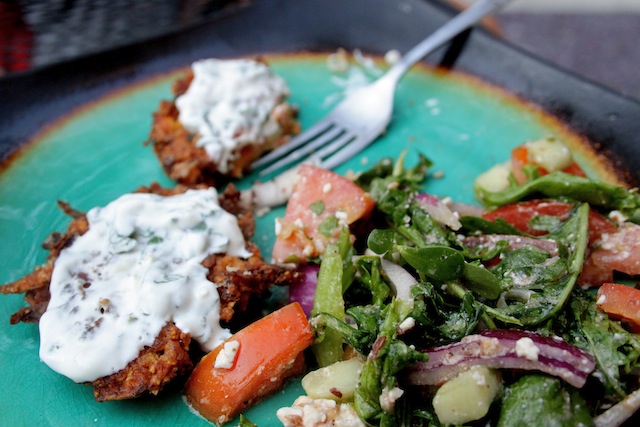 Sweet potato fritters and Greek salad (Eat Me. Drink Me.)