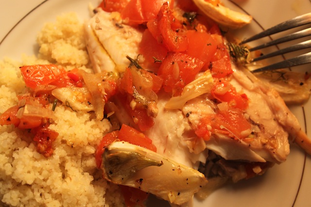 roast fish with lemon, tomato, and fennel over couscous (Eat Me. Drink Me.)