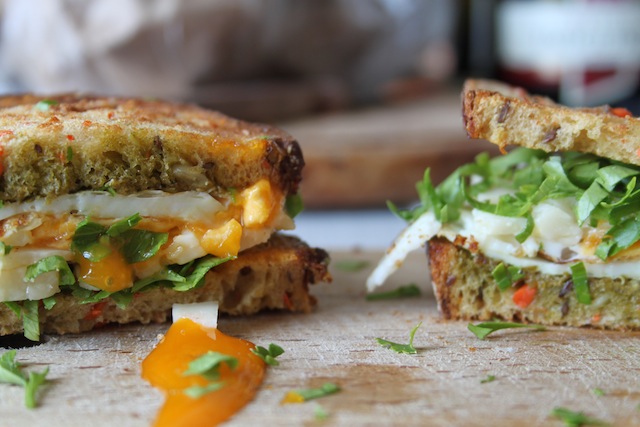 egg, pesto, and cheese sandwich (Eat Me. Drink Me.)