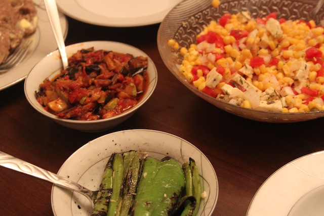 corn salsa, tomato/eggplant meze, grilled peppers (Eat Me. Drink Me.)
