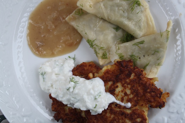 Vegetarian Pelmeny & Cauliflower Fritters with Onion Sauce (Eat Me. Drink Me.)