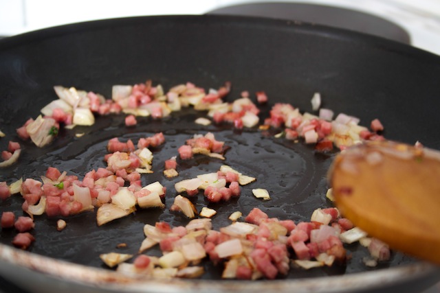 Frying pancetta and shallot (Eat Me. Drink Me.)
