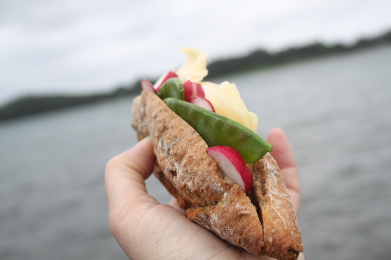 Cheese, radish, and snow pea sandwich (Eat Me. Drink Me.)
