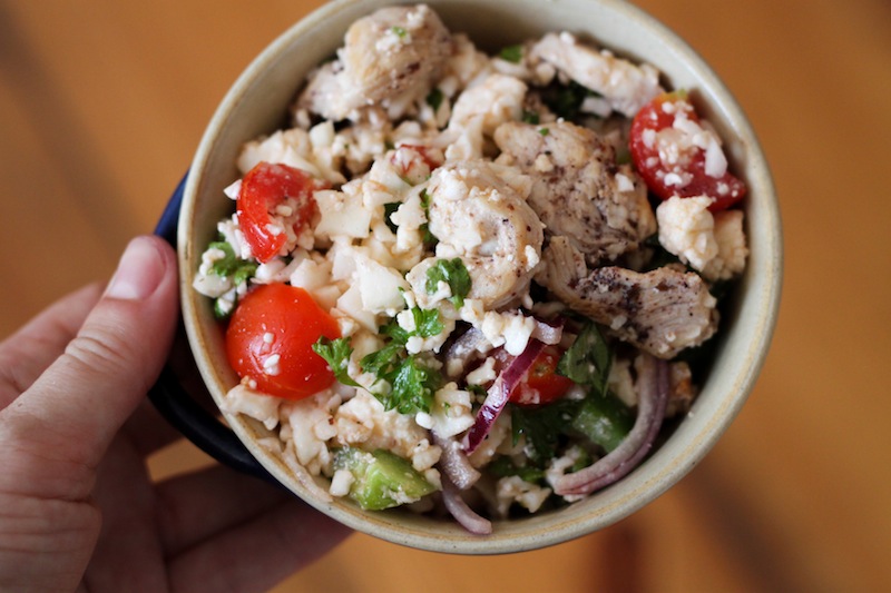 Cauliflower couscous with tomatoes, green pepper, and feta (Eat Me. Drink Me.)