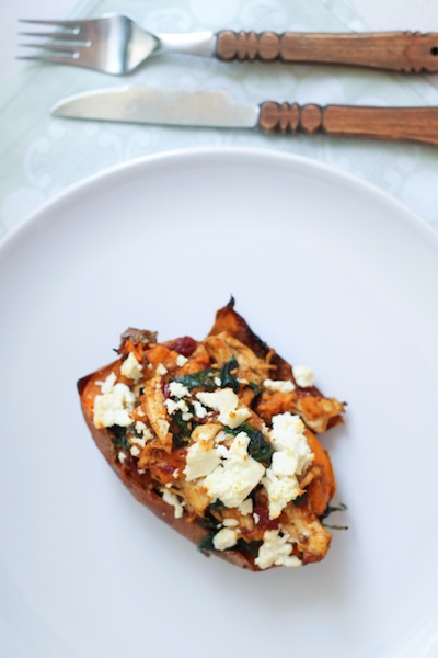 Sweet potato skins with chipotle chicken, feta, and spinach (Eat Me. Drink Me.)