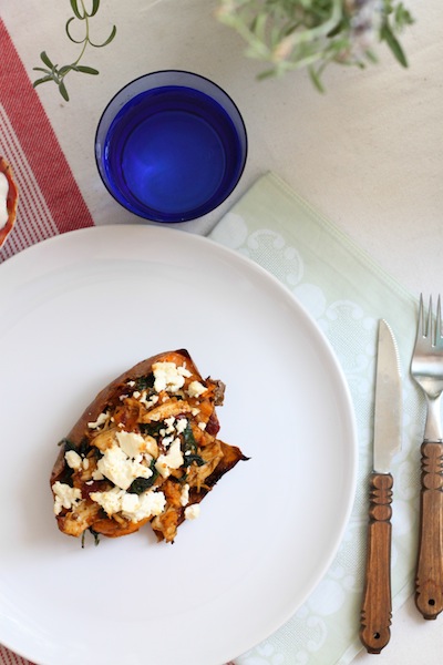 Sweet potato skins with chipotle chicken, feta, and spinach (Eat Me. Drink Me.)