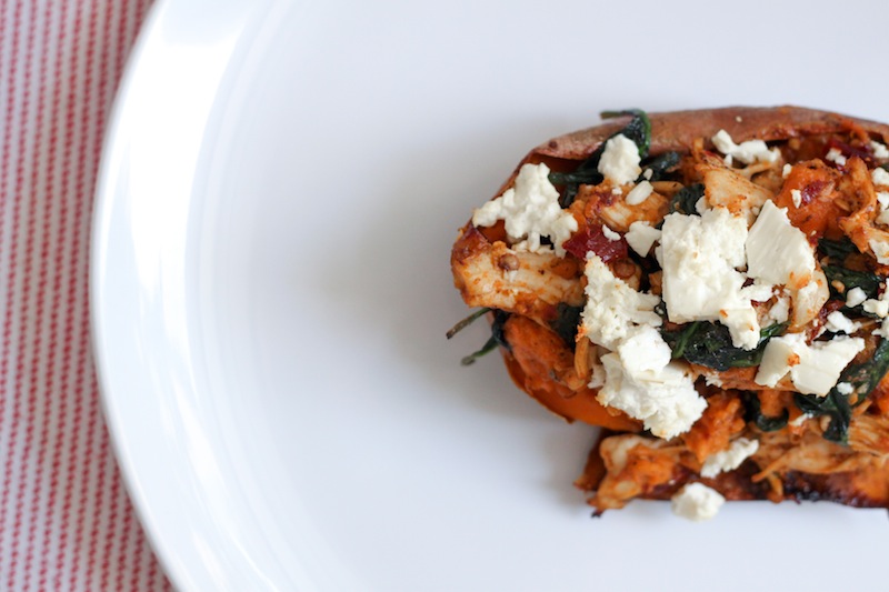 Chipotle Chicken-Stuffed Sweet Potato Skins with Feta (Eat Me. Drink Me.)