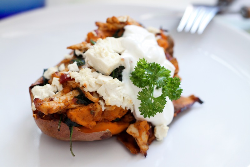 Spinach- and Feta-Stuffed Chipotle Chicken Sweet Potato Skins (Eat Me. Drink Me.)