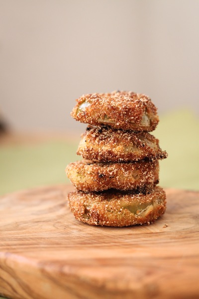 A stack of fried green tomatoes (Eat Me. Drink Me.)