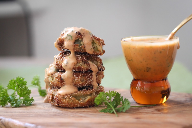 Fried green tomatoes with Sriracha remoulade (Eat Me. Drink Me.)