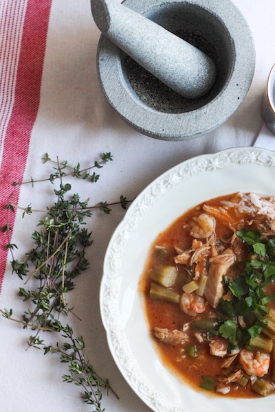 Chicken and shrimp gumbo with thyme and bay (Eat Me. Drink Me.)