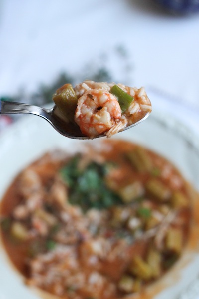 The perfect bite of chicken and shrimp gumbo (Eat Me. Drink Me.)