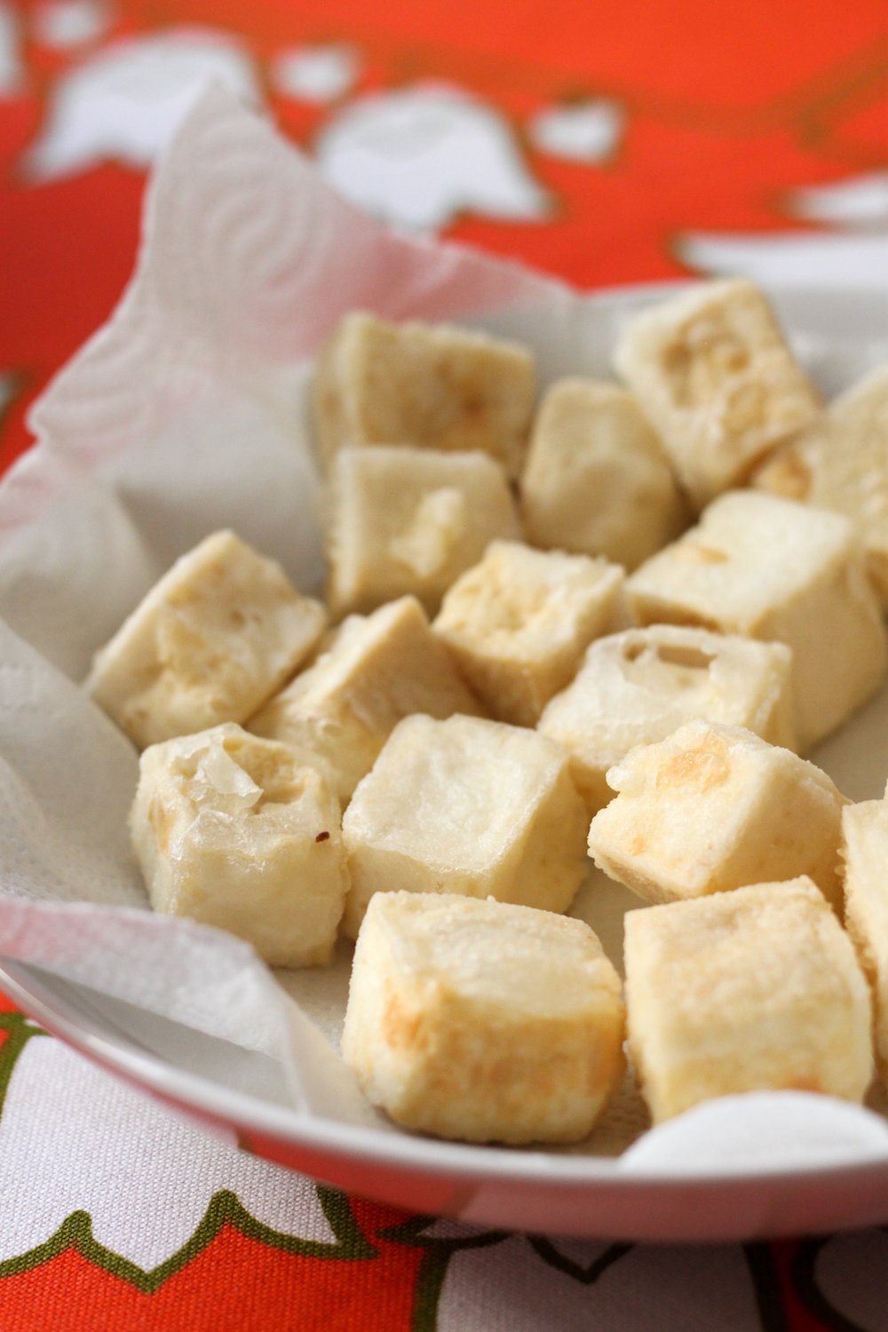 Fried cubes of tofu for black pepper tofu (Eat Me. Drink Me.)