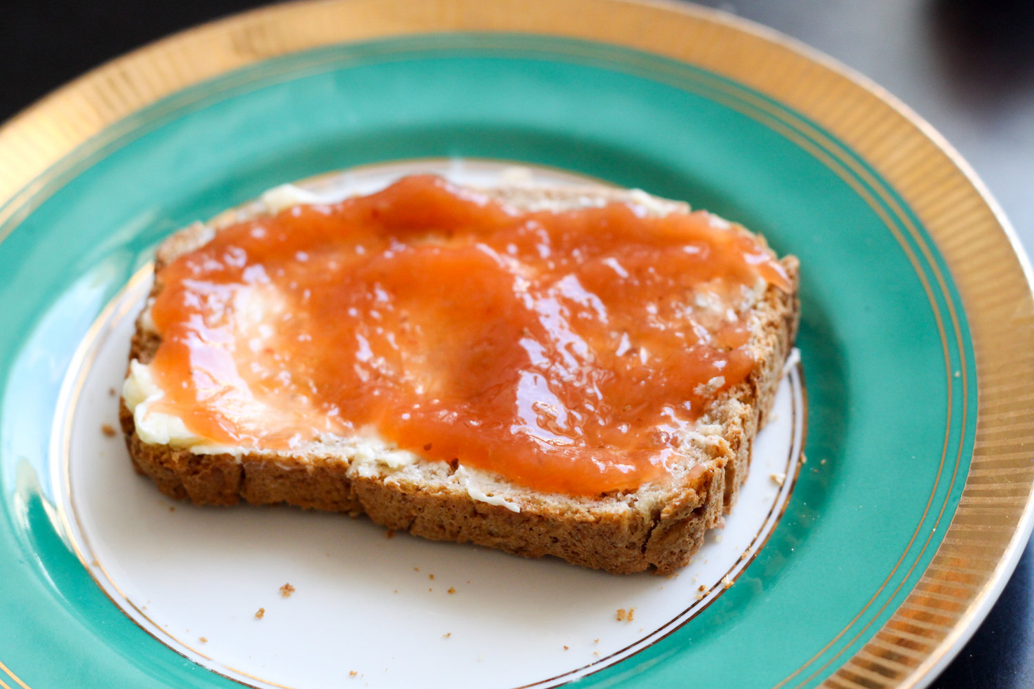 Toast with strawberry-rhubarb jam (Eat Me. Drink Me.)