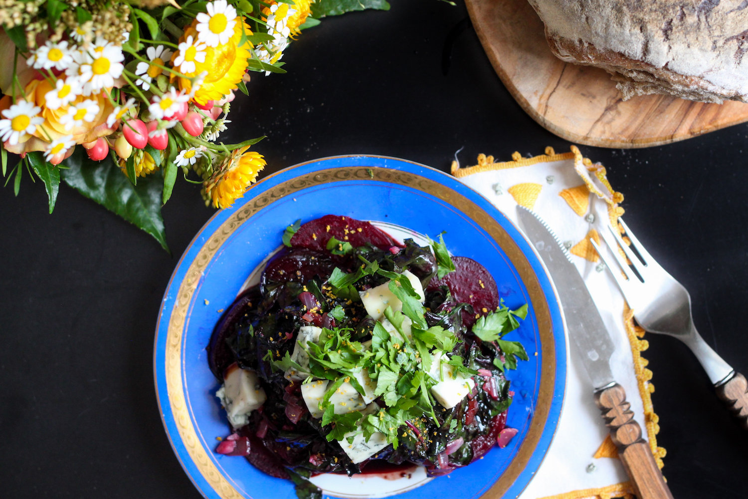 Beet salad with greens, garlic, and gorgonzola (Eat Me. Drink Me.)