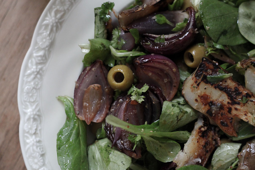 Jerusalem artichoke salad with olives and red onions (Eat Me. Drink Me.)