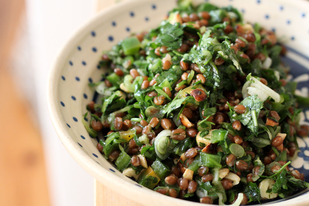 Putting together parsley and wheat berry salad (Eat Me. Drink Me.)
