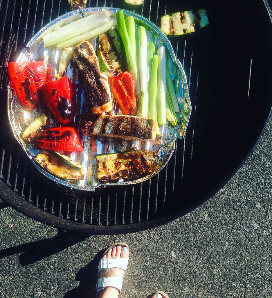 Grilling salmon and veggies (Eat Me. Drink Me.)